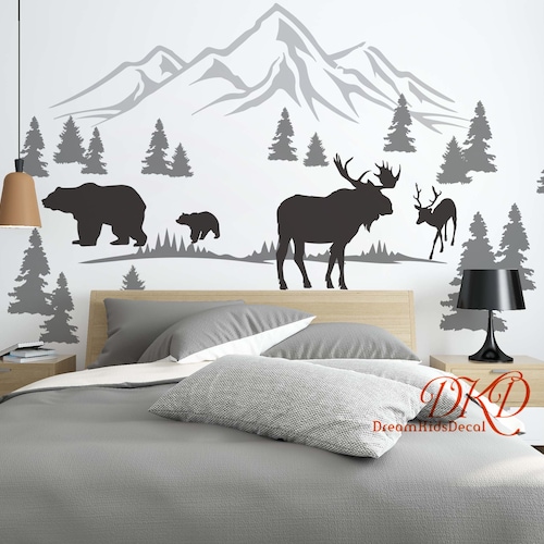 Moose Woodland Nursery Decal Pine Tree Decal Vinyl Wall Etsy