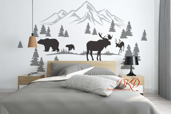 Wall Decal Wall Sticker-Mountain landscape, pine tree, Bears Wall art for  Nursery -  France