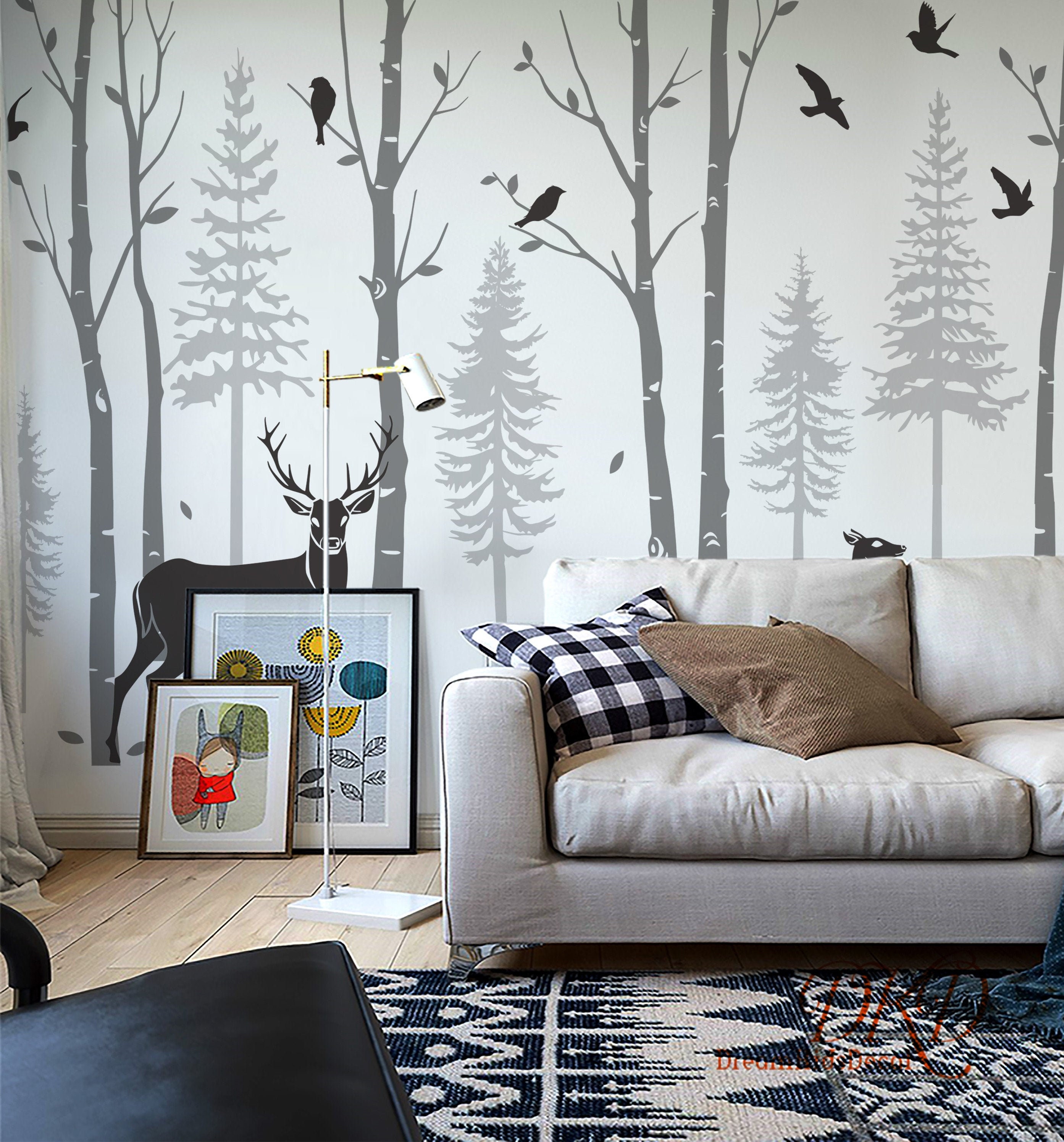 Birch Trees Pine Trees with Deer Wall decal Fir Tree Forest | Etsy