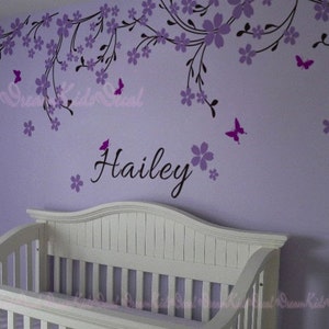 Nursery wall decal baby girl and name wall decals cherry blosssoms wall sticker wedding office-Pink vines with Butterfly decals-DK114