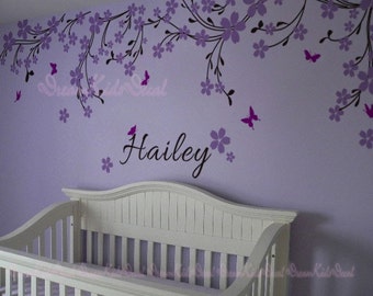 Nursery wall decal baby girl and name wall decals cherry blosssoms wall sticker wedding office-Pink vines with Butterfly decals-DK114