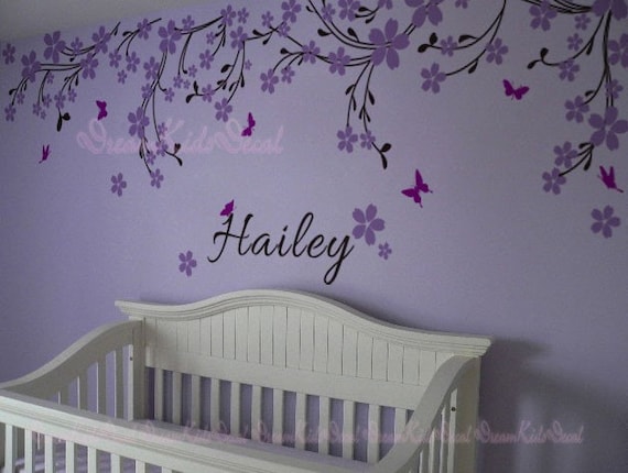 Nursery Wall Decal Wall Sticker Hanging Tree Branch With Personalized Name  for Girls Room-cherry Blossom Branch With Butterfly-dk402 