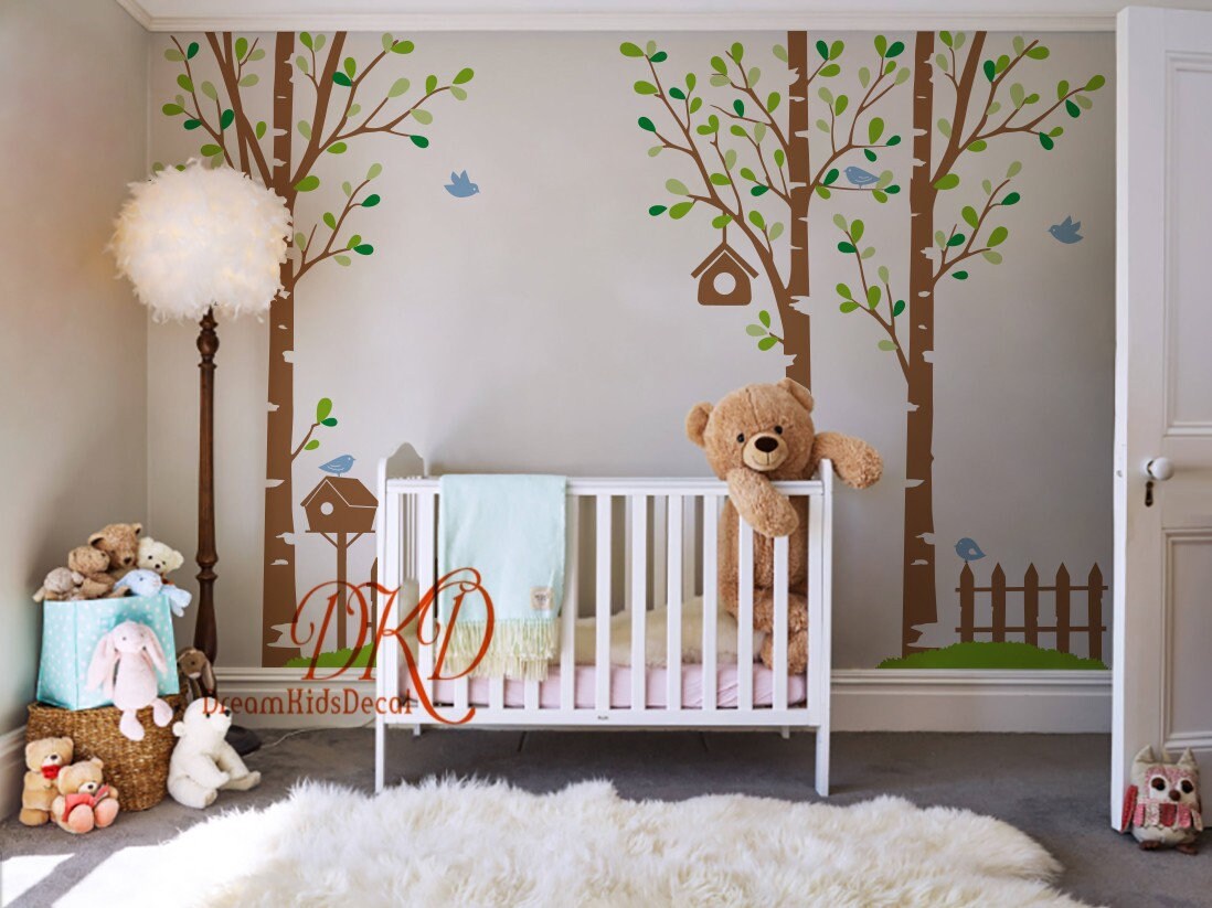 Birch Tree Wall Decal, Baby Nursery Tree Wall Stickers, Tree With Rain ...