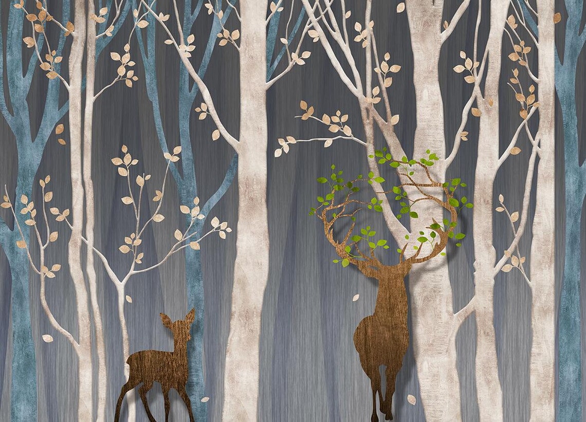Woodland Forest Scene Wall Mural Deer Trees Wallpaper Wooden Etsy