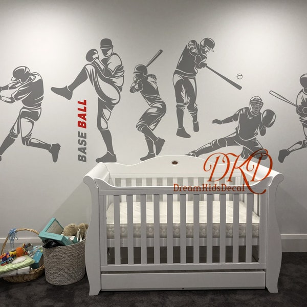 Baseball Player Wall Decal, Baseball Sticker Decal, Sports Wall Decal Lettering, Kids Sports Theme Teens Boys Room Sports Decor Wall Decal