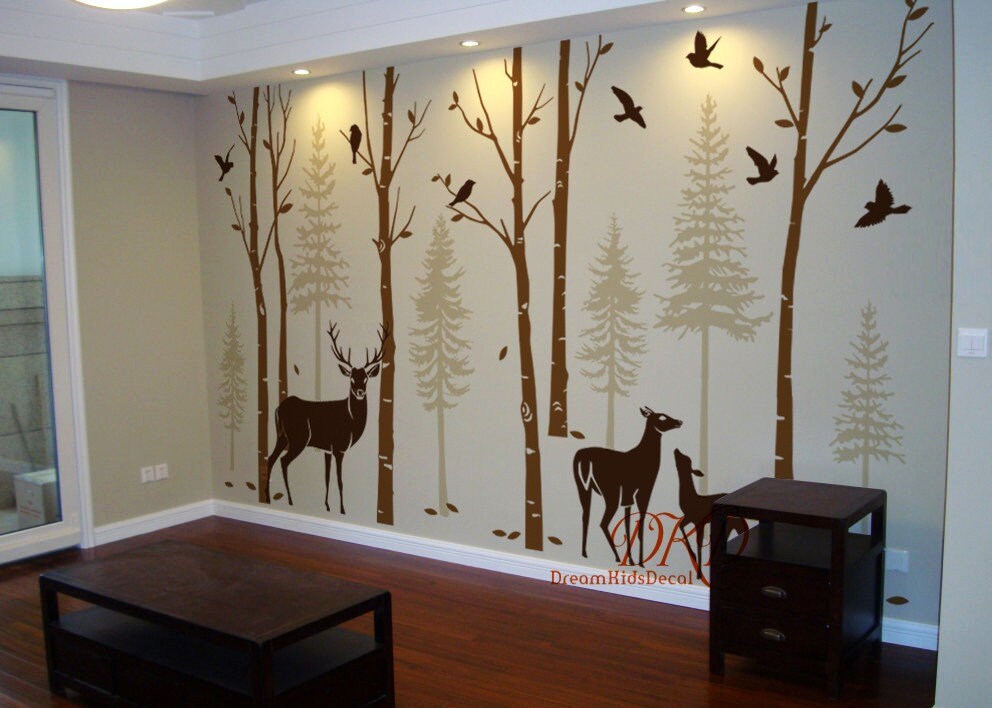 Birch Trees Pine Trees with Deer Wall decal Fir Tree Forest | Etsy