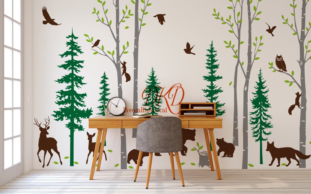Forest Wall Decal Birch Trees Pine Trees With Bear Family Deer Fox ...