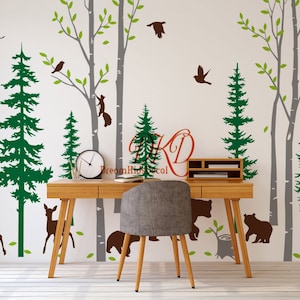 Forest Wall Decal Birch Trees Pine Trees with Bear Family Deer Fox squirrels and birds, Nighttime Large Wall Decals Woodland Nursery Decor