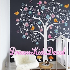Tree Wall Decal, Vinyl wall decal, Baby Girl Wall Decal,Nursery Wall Art, mushroom, Tree with birds-Vinyl Swirl Tree Wall Decal-DK214 B