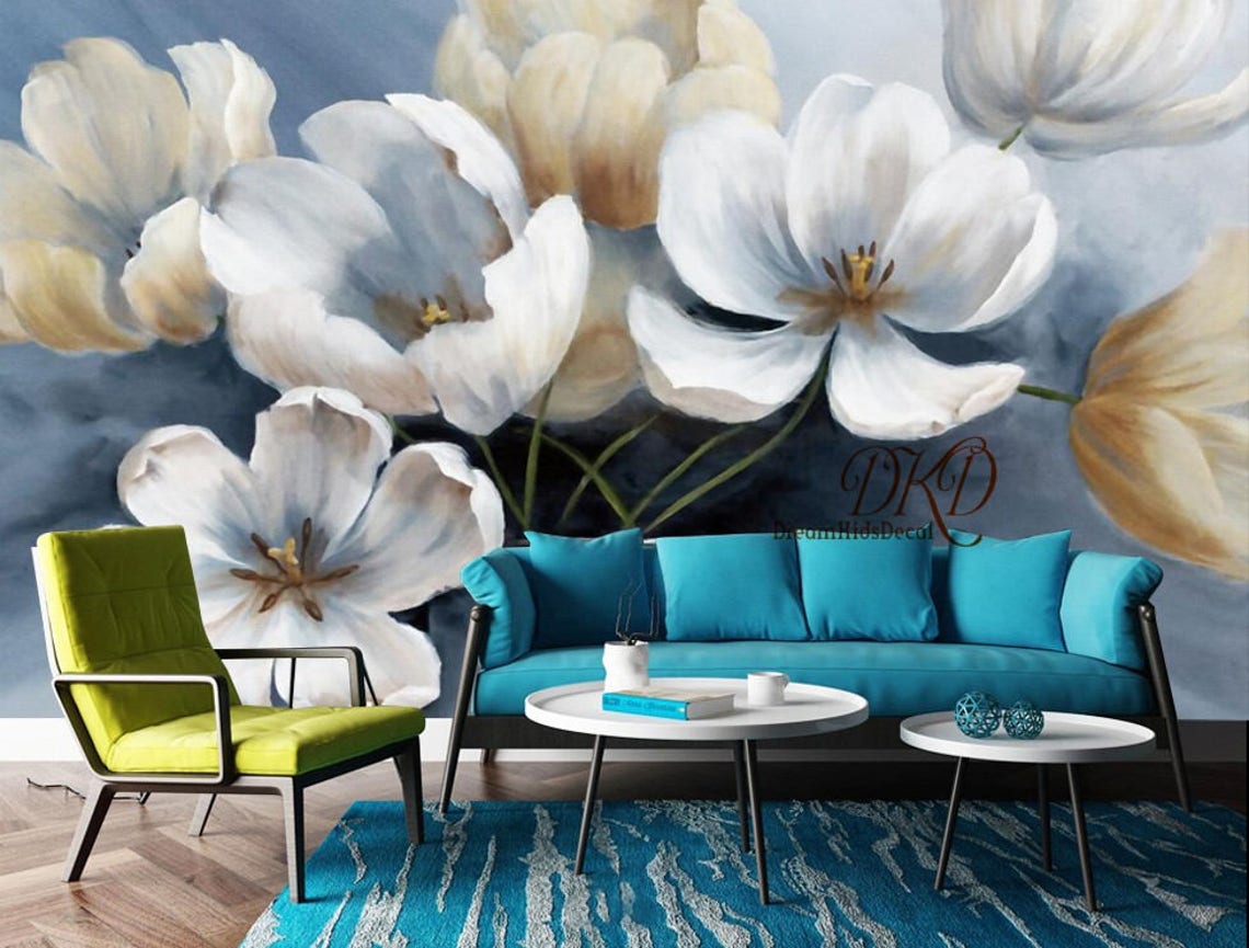 Large flower Wall Murals Wallpaper White flower on Blue Etsy