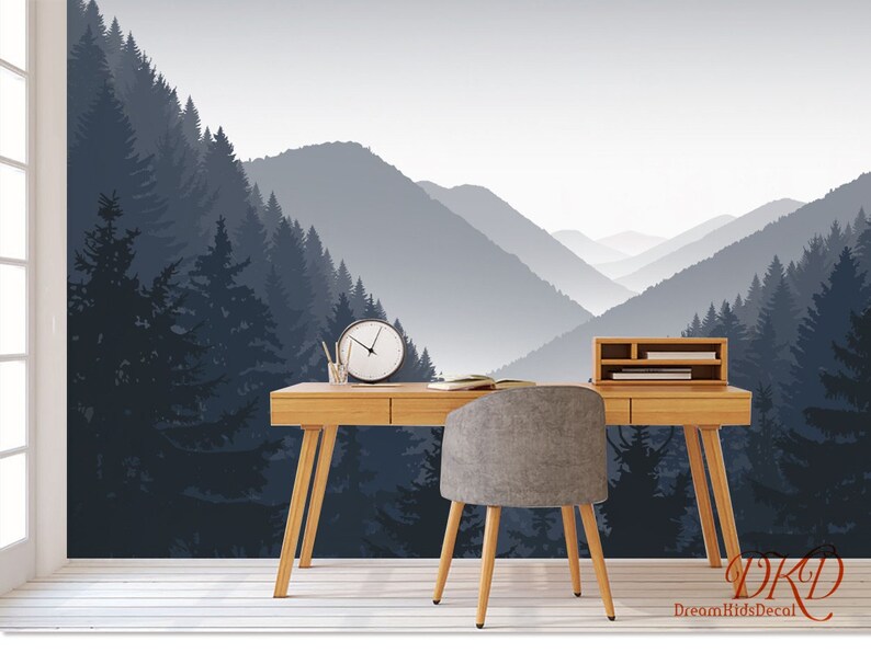 Mountain Wall Mural Grey Misty Mountain Landscape Wallpaper Etsy
