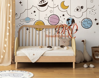 Nursery Wall Sticker Wall Decal, Planet Wall Decal Rocket wall decor, Stars Clouds wall decal, Toddler Kids Space Nursery-DK494