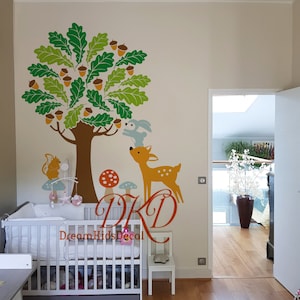 Nursery Wall Decal Wall Sticker, Nature Tree Decal with animals Nursery Decor, Kids room decal Forest Fawn Pine cones Squirrel Bunny-DK313
