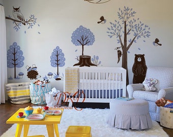 Nursery Wall Decal Wall Sticker, Nursery Decor, bear decal, Owl tree decal, Birds, Woodland wall decal, vinyl decal,kids wall decal-DK392