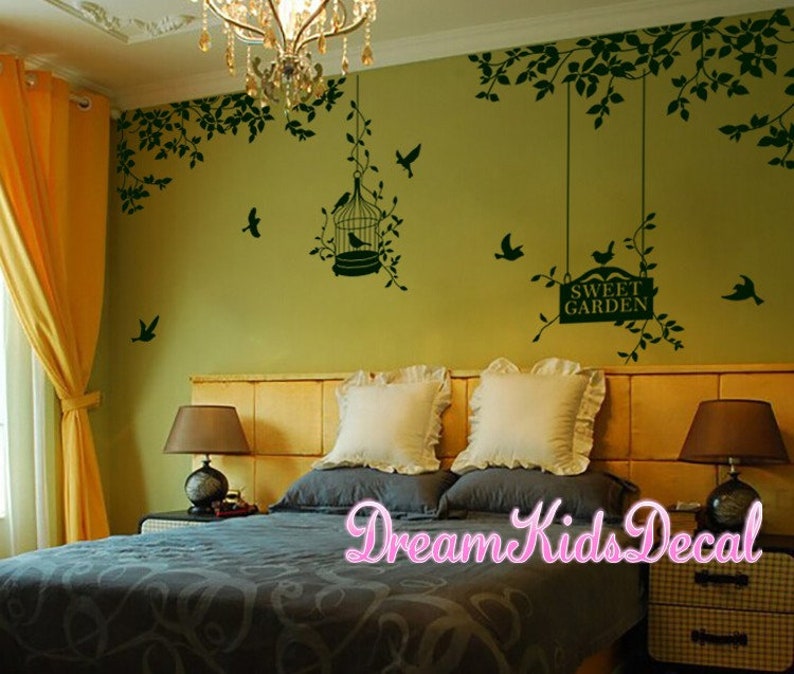 Wall Decals Nursery Wall Sticker Home Wall Decor-Side Corner branch with birdcage Tree with birds