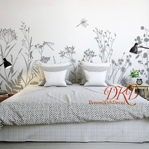 Grass Wall Decal, Reeds Wall Sticker, Grass and Flowers Vinyl Wall art, Grass Blades with dragonfly, Grass Border Interior decor-DK532