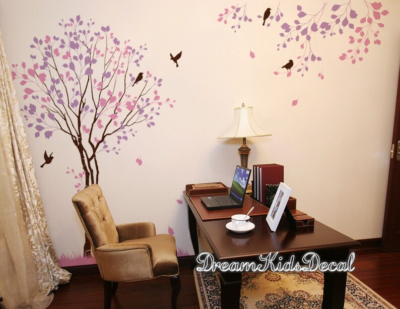 Natural Tree Tree Decal White Tree Birds Wall Etsy