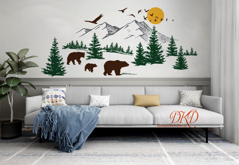 Wall Decal Wall Sticker-Mountain landscape with Bear family, Pine tree wall art for Nursery image 2