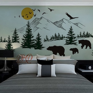 Wall Decal Wall Sticker-Mountain landscape with Bear family, Pine tree wall art for Nursery image 7