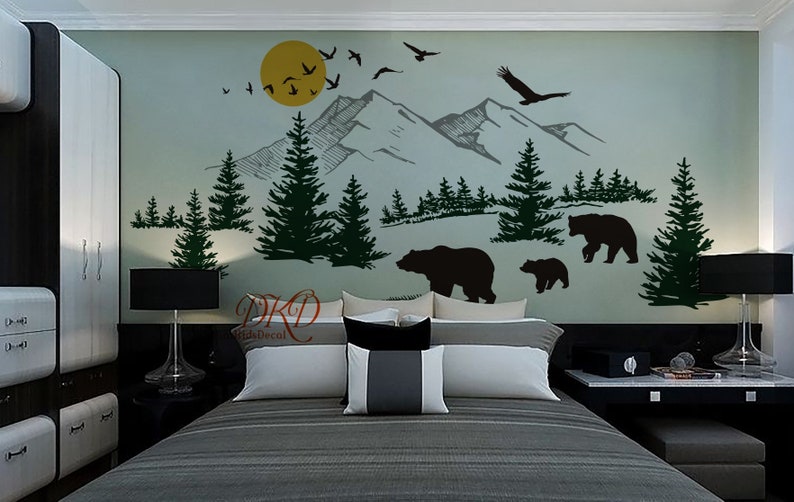 Wall Decal Wall Sticker-Mountain landscape with Bear family, Pine tree wall art for Nursery image 7