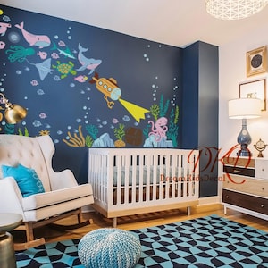 Under the sea Wall Decal Wall Sticker, Underwater Ocean Theme Nursery, Turtle Coral Fish Sea life Bubbles Nautical Stickers for Kids room