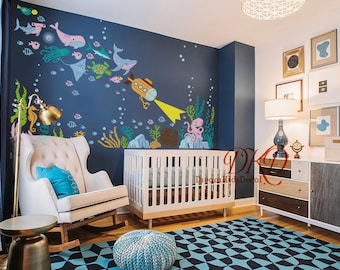Under the sea Wall Decal Wall Sticker, Underwater Ocean Theme Nursery, Turtle Coral Fish Sea life Bubbles Nautical Stickers for Kids room