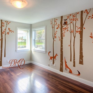 Woodland Birch Tree Wall Decal Set Wall Stickers for Nursery, Forest with Owl Fox Vinyl Sticker Woodland Kids Room Decor-DK077