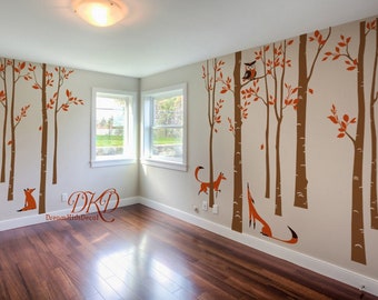 Woodland Birch Tree Wall Decal Set Muurstickers voor kwekerij, Bos met Owl Fox Vinyl Sticker Woodland Kids Room Decor-DK077