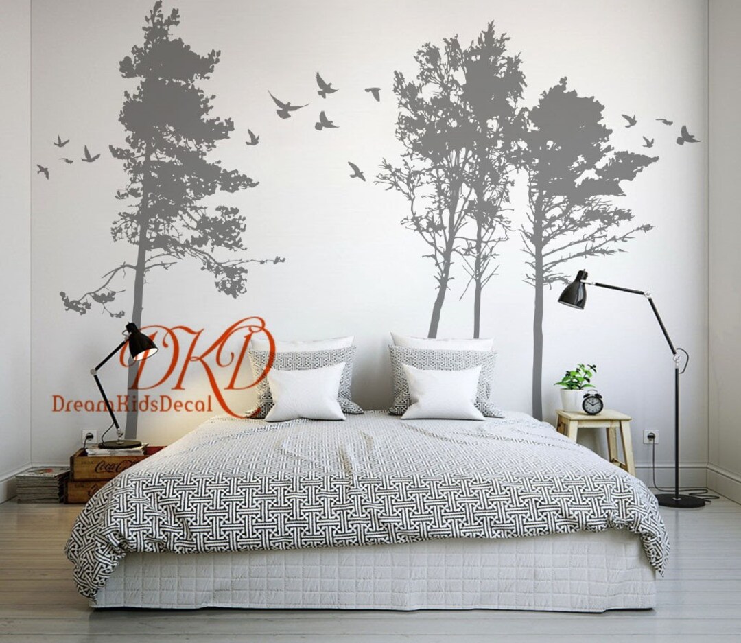 Pine Forest Wall Decal Nursery Wall Decal Set Fir Tree With Birds ...