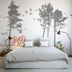 Pine Forest Wall Decal Nursery Wall Decal Set Fir Tree with birds, Realistic Relic Modern Home Decor, Black Tree Wall art Living room-DK506