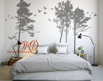 Pine Forest Wall Decal Nursery Wall Decal Set Fir Tree with birds, Realistic Relic Modern Home Decor, Black Tree Wall art Living room-DK506