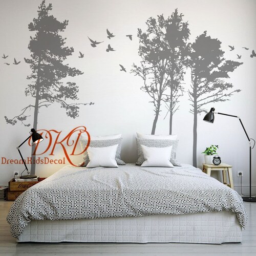 Pine Forest Wall Decal Nursery Wall Decal Set Fir Tree with birds, Realistic Relic Modern Home Decor, Black Tree Wall art Living room-DK506