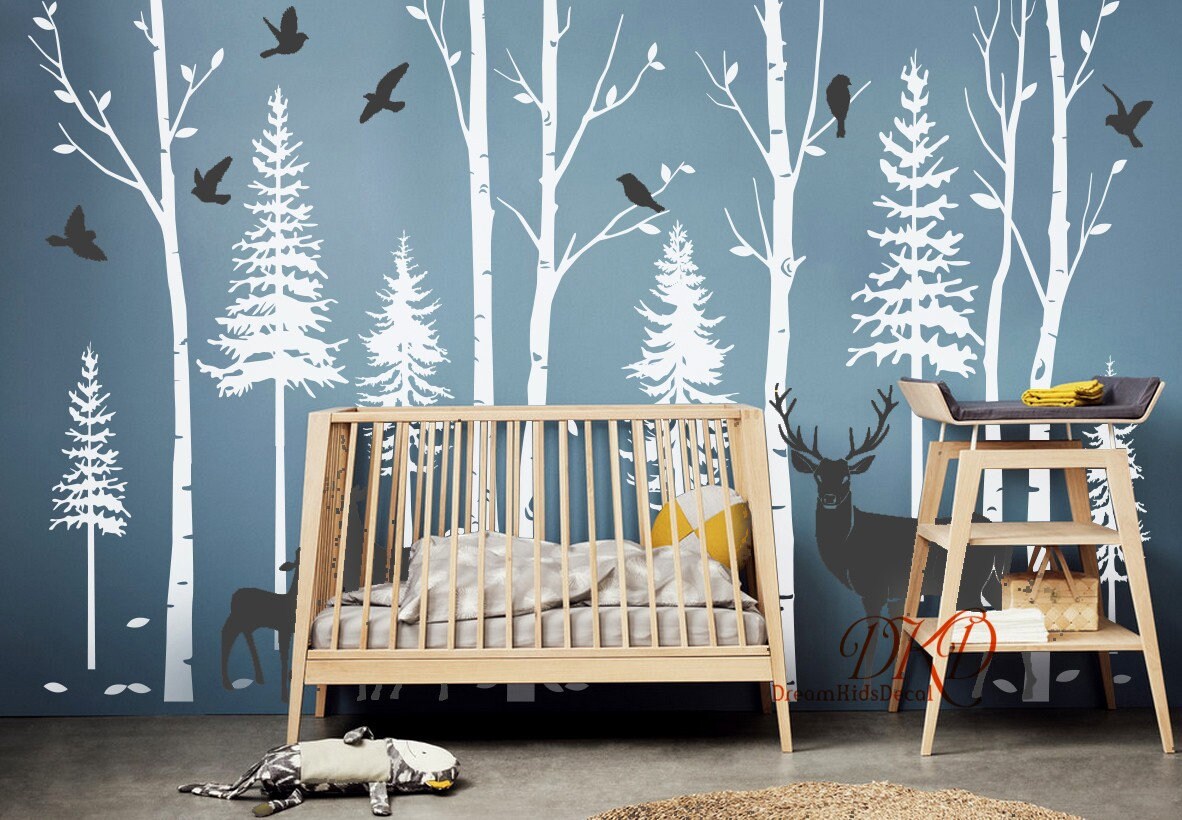 Birch Trees Pine Trees with Deer Wall decal Fir Tree Forest | Etsy
