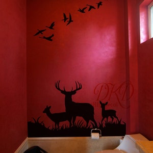 Deer Wall Decals, Buck Deer Nursery wall decal, Woodland theme Nursery, Deer in Grass with birds Entrance Wall Decal, Animal Decor-DK296
