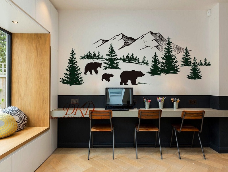 Wall Decal Wall Sticker-Mountain landscape with Bear family, Pine tree wall art for Nursery image 4