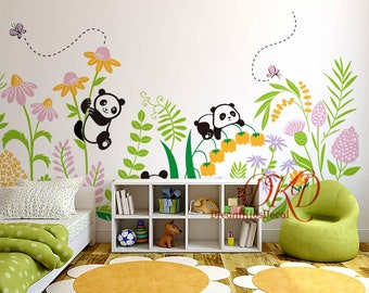 Nursery Wall Decal Pandas Tree Wall Decal, Butterfly Wall Decal for Kids, Panda Bear Sticker children's bedrooms, Fantasy, Flowers Baby room