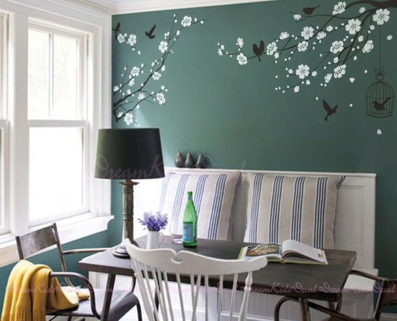 Cherry Blossoms Tree Wall Decal Floral Branch Decal with birds Birdcage-DK130 Cherry Branch Wall Sticker for Home Decor