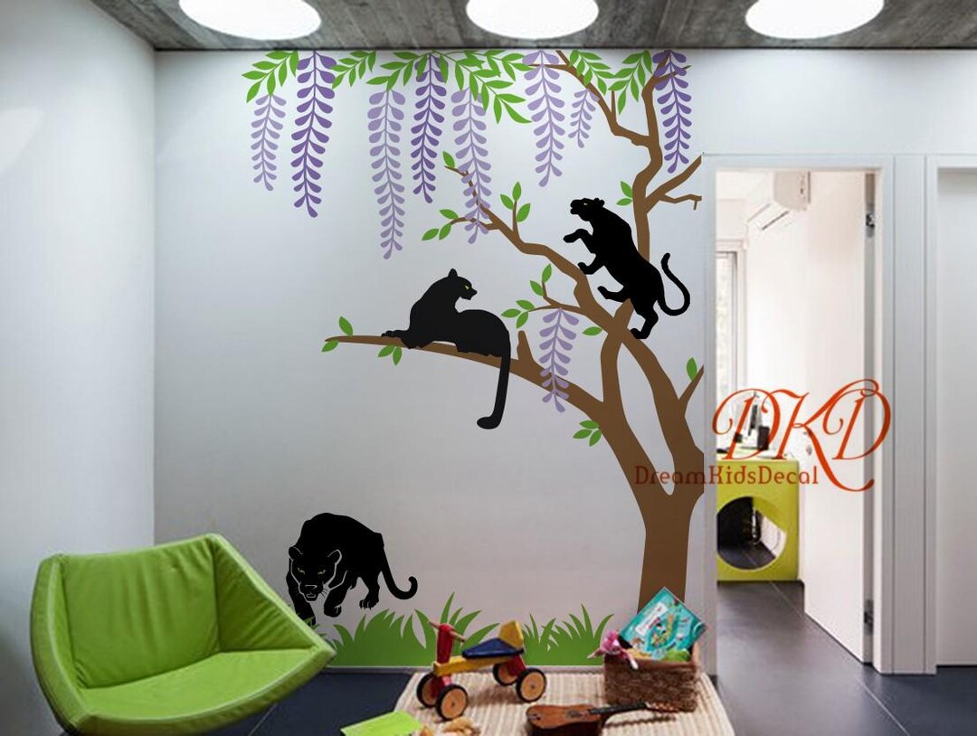 Flower Tree Wall Decal Wall Sticker-leopard, Leaves Grass, Nursery Kids ...