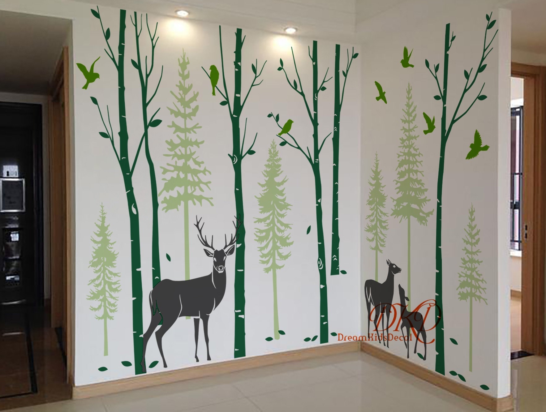 Birch Trees Pine Trees with Deer Wall decal Fir Tree Forest | Etsy