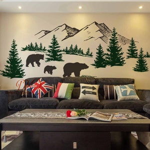 Wall Decal Wall Sticker-Mountain landscape with Bear family, Pine tree wall art for Nursery image 8