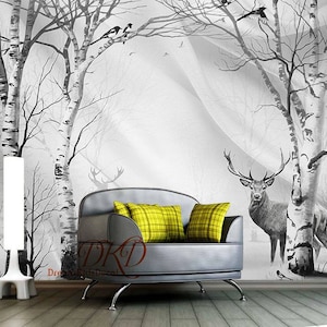 Foresta di betulle in inverno, carta da parati staccabile e adesiva, stampe murali in bianco e nero, adesivi murali con cervi nella foresta, adesivi murali - 126" x 79"