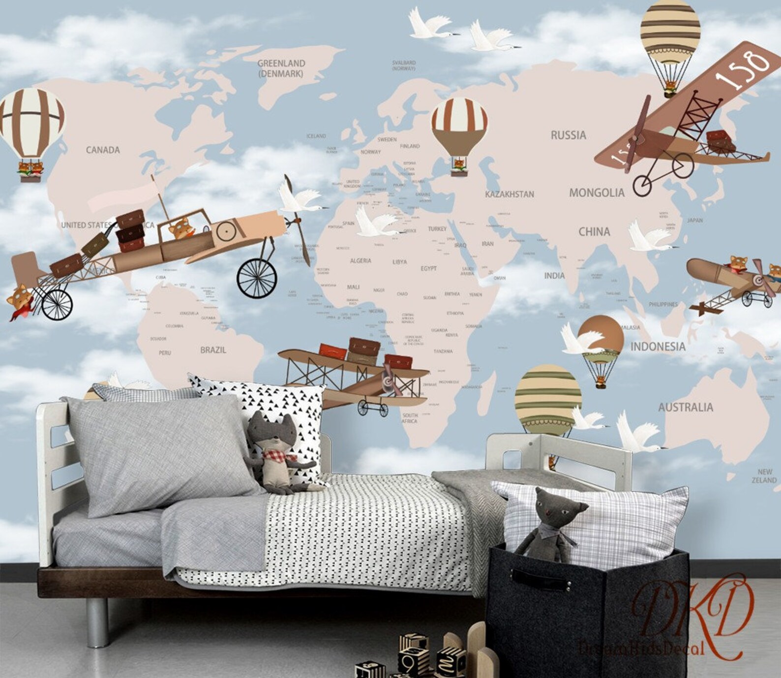 World Map Wallpaper Mural With Hot Air Balloon Helicopter | Etsy