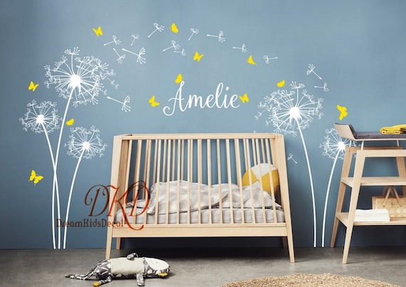 Dandelion wall decal, Dandelion wall art, Dandelion wall sticker, Flower Decor with butterfly wall decal-Personalized Baby Name Decal-DK133