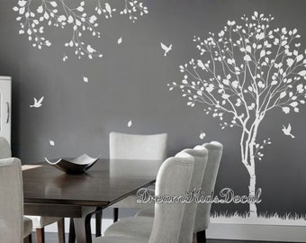 Natural Tree, Tree Decal, White Tree, Birds Wall Decals,Nursery Decal,Large Wall Decal,Kids Room,Wall Art Decor,Wall Mural Sticker-DK247