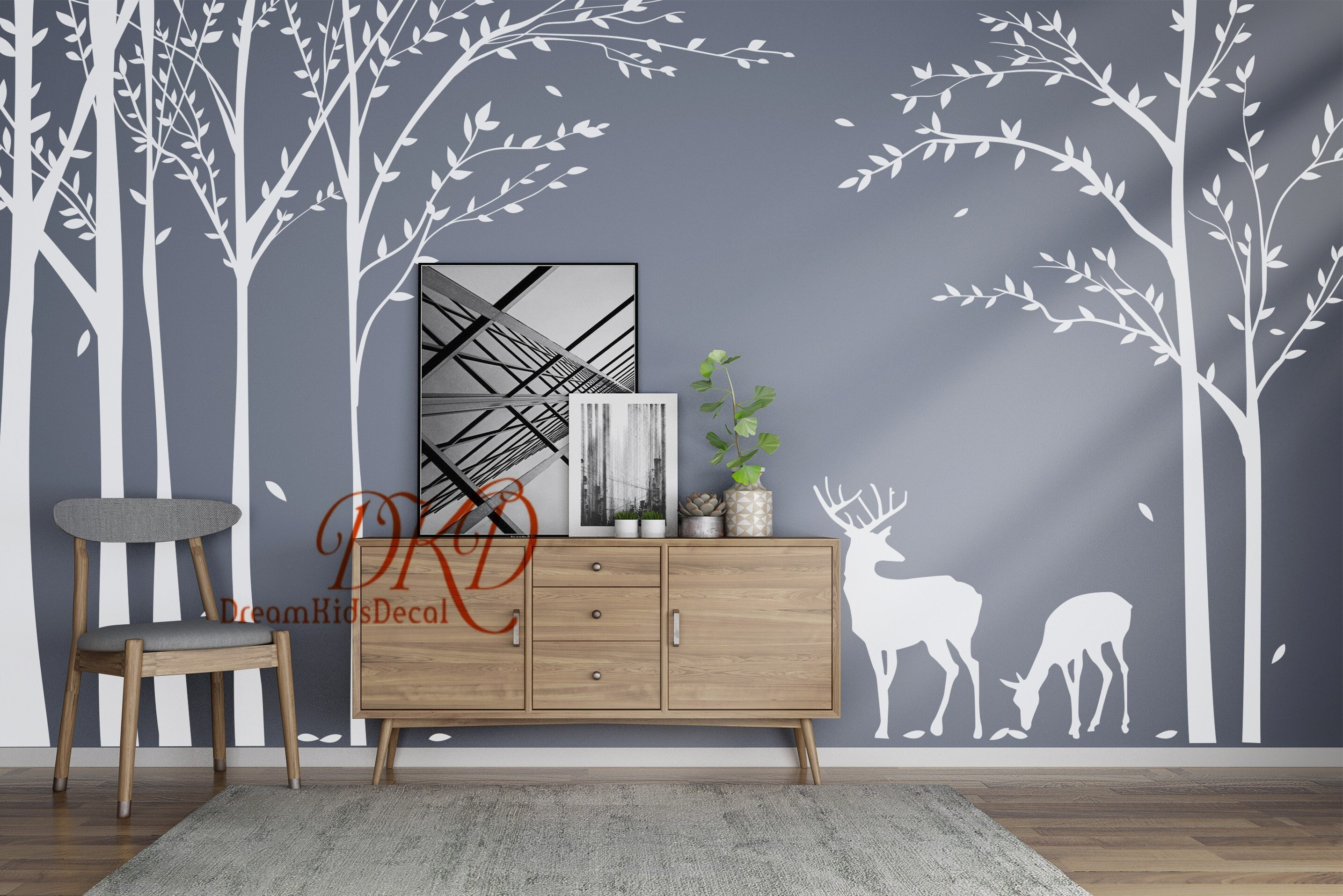 White Tree Deer Forest Wall Decals, Kids Nursery Vinyl Mural Effect ...