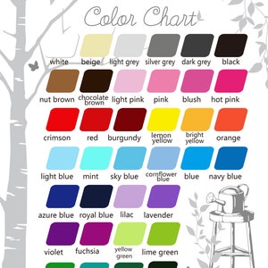 May include: Color chart with 24 color swatches, including white, beige, light grey, silver grey, dark grey, black, nut brown, chocolate brown, light pink, pink, blush, hot pink, crimson, red, burgundy, lemon yellow, bright yellow, orange, light blue, mint, sky blue, cornflower blue, blue, navy blue, azure blue, royal blue, lilac, lavender, violet, fuchsia, yellow green, lime green, leaf green, turquoise, hunter green, and deep green. The text "Color Chart" is at the top of the image. The text "notes-colors may vary from the real vinyl due to different monitor settings." is at the bottom of the image.