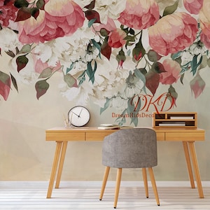 Large Peony Flowers Mural, Self-adhesive Wallcoverings, Vintage Watercolor Floral Wallpaper, Nursery Decor, Wall Mural Art, Wall Stickers