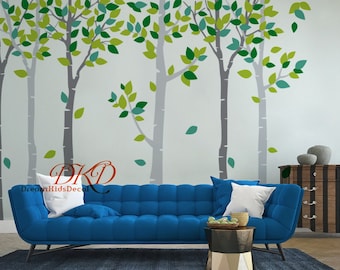 Birch Tree Wall Decal with Colorful Leaves, Nursery Decor