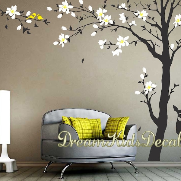 Cherry Blossom Tree Wall Decal, Nursery Wall Decal Baby Room Decor Flower Tree, Deer Birds Wall Sticker-DK153