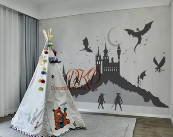 Fantasy Wall Castle Decal, Moon, Castle And Flying Dragon Landscape Wall Decals for Kids, Nursery Decor Kids Room-DK458